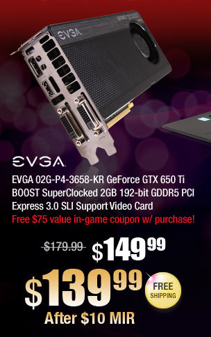 EVGA 02G-P4-3658-KR GeForce GTX 650 Ti BOOST SuperClocked 2GB GDDR5 SLI Support Video Card