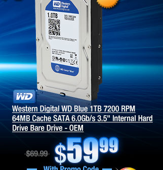 Western Digital WD Blue 1TB 7200 RPM 64MB Cache SATA 6.0Gb/s 3.5 inch Internal Hard Drive Bare Drive - OEM