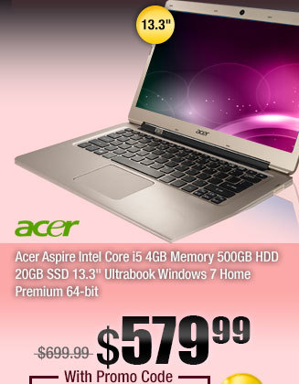 Acer Aspire Intel Core i5 4GB Memory 500GB HDD 20GB SSD 13.3" Ultrabook Windows 7 Home Premium 64-bit