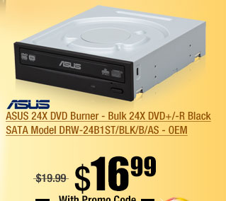 ASUS 24X DVD Burner - Bulk 24X DVD+/-R Black SATA Model DRW-24B1ST/BLK/B/AS - OEM