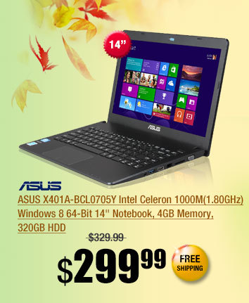 ASUS X401A-BCL0705Y Intel Celeron 1000M(1.80GHz) Windows 8 64-Bit 14 inch Notebook, 4GB Memory, 320GB HDD