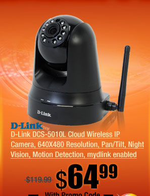D-Link DCS-5010L Cloud Wireless IP Camera, 640X480 Resolution, Pan/Tilt, Night Vision, Motion Detection, mydlink enabled