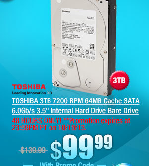 TOSHIBA 3TB 7200 RPM 64MB Cache SATA 6.0Gb/s 3.5 inch Internal Hard Drive Bare Drive