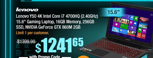 Lenovo Y50 4K Intel Core i7 4700HQ (2.40GHz) 15.6" Gaming Laptop, 16GB Memory, 256GB SSD, NVIDIA GeForce GTX 860M 2GB