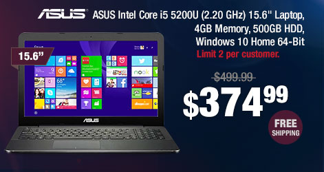 ASUS Intel Core i5 5200U (2.20 GHz) 15.6" Laptop, 4GB Memory, 500GB HDD, Windows 10 Home 64-Bit