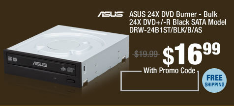 ASUS 24X DVD Burner - Bulk 24X DVD+/-R Black SATA Model DRW-24B1ST/BLK/B/AS