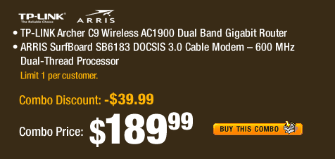 TP-LINK Archer C9 Wireless AC1900 Dual Band Gigabit Router + ARRIS SurfBoard SB6183 DOCSIS 3.0 Cable Modem  600 MHz Dual-Thread Processor