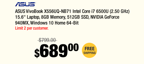 ASUS VivoBook X556UQ-NB71 Intel Core i7 6500U (2.50 GHz) 15.6" Laptop, 8GB Memory, 512GB SSD, NVIDIA GeForce 940MX, Windows 10 Home 64-Bit