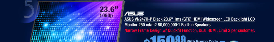 ASUS VN247H-P Black 23.6 inch 1ms (GTG) HDMI Widescreen LED Backlight LCD Monitor 250 cd/m2 80,000,000:1 Built-in Speakers