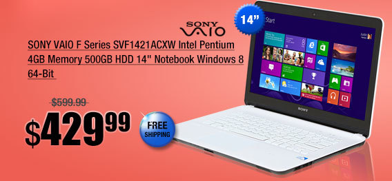 SONY VAIO F Series SVF1421ACXW Intel Pentium 4GB Memory 500GB HDD 14 inch Notebook Windows 8 64-Bit 