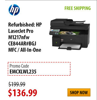 Refurbished: HP LaserJet Pro M1217nfw CE844AR#BGJ MFC / All-In-One, FREE SHIPPING, was $199.99 - Now $136.99 w/ PROM CODE: EMCXLWL235, Shop Now