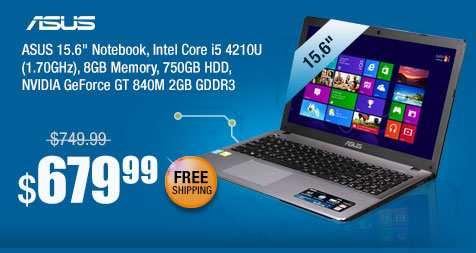 ASUS 15.6" Notebook, Intel Core i5 4210U (1.70GHz), 8GB Memory, 750GB HDD, NVIDIA GeForce GT 840M 2GB GDDR3