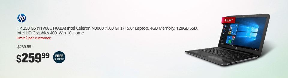 HP 250 G5 (Y1V08UT#ABA) Intel Celeron N3060 (1.60 GHz) 15.6" Laptop, 4GB Memory, 128GB SSD, Intel HD Graphics 400, Win 10 Home