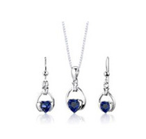Sterling Silver Heart Shaped Sapphire Pendant Earrings & Necklace Set