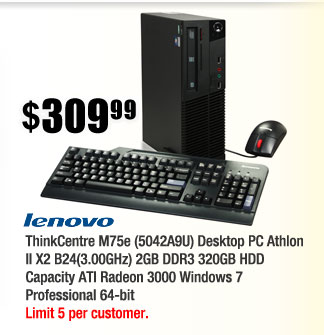 ThinkCentre M75e (5042A9U) Desktop PC Athlon II X2 B24(3.00GHz) 2GB DDR3 320GB HDD Capacity ATI Radeon 3000 Windows 7 Professional 64-bit