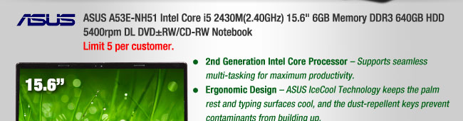ASUS A53E-NH51 Intel Core i5 2430M(2.40GHz) 15.6-inch 6GB Memory DDR3 640GB HDD 5400rpm DL DVD±RW/CD-RW Notebook