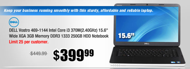 DELL Vostro 469-1144 Intel Core i3 370M(2.40GHz) 15.6" Wide XGA 3GB Memory DDR3 1333 250GB HDD Notebook