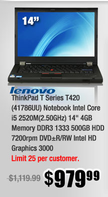 ThinkPad T Series T420 (41786UU) Notebook Intel Core i5 2520M(2.50GHz) 14" 4GB Memory DDR3 1333 500GB HDD 7200rpm DVD±R/RW Intel HD Graphics 3000