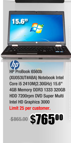 HP ProBook 6560b (XU053UT#ABA) Notebook Intel Core i5 2410M(2.30GHz) 15.6" 4GB Memory DDR3 1333 320GB HDD 7200rpm DVD Super Multi Intel HD Graphics 3000