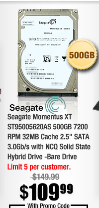 Seagate Momentus XT ST95005620AS 500GB 7200 RPM 32MB Cache 2.5" SATA 3.0Gb/s with NCQ Solid State Hybrid Drive -Bare Drive