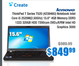 Lenovo ThinkPad T Series T520 (42404AU) Intel Core i5 2520M(2.50GHz) 15.6" 4GB Memory DDR3 1333 500GB HDD 7200rpm DVD±R/RW Intel HD Graphics 3000 Notebook