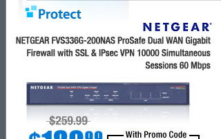 NETGEAR FVS336G-200NAS ProSafe Dual WAN Gigabit Firewall with SSL & IPsec VPN 10000 Simultaneous Sessions 60 Mbps