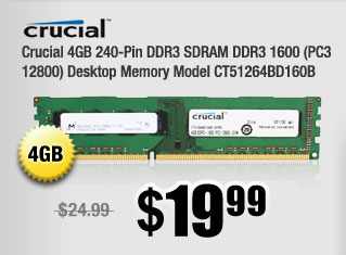 Crucial 4GB 240-Pin DDR3 SDRAM DDR3 1600 (PC3 12800) Desktop Memory Model CT51264BD160B