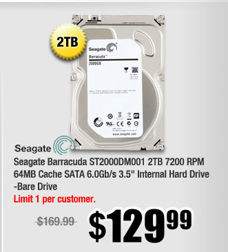 Seagate Barracuda ST2000DM001 2TB 7200 RPM 64MB Cache SATA 6.0Gb/s 3.5" Internal Hard Drive -Bare Drive