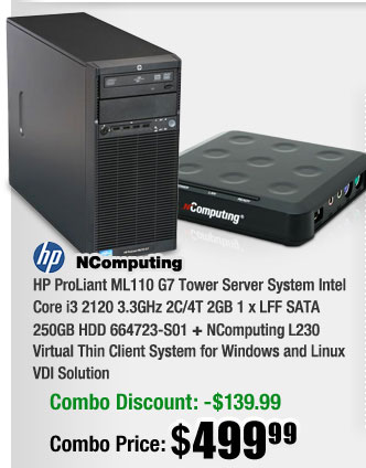 HP ProLiant ML110 G7 Tower Server System Intel Core i3 2120 3.3GHz 2C/4T 2GB 1 x LFF SATA 250GB HDD 664723-S01 + NComputing L230 Virtual Thin Client System for Windows and Linux VDI Solution