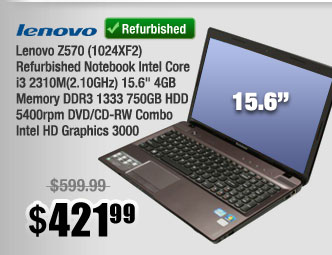 Refurbished: lenovo Z570 (1024XF2) Refurbished Notebook Intel Core i3 2310M(2.10GHz) 15.6" 4GB Memory DDR3 1333 750GB HDD 5400rpm DVD/CD-RW Combo Intel HD Graphics 3000 