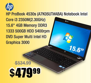 HP ProBook 4530s (A7K05UT#ABA) Notebook Intel Core i3 2350M(2.30GHz) 15.6" 4GB Memory DDR3 1333 500GB HDD 5400rpm DVD Super Multi Intel HD Graphics 3000 