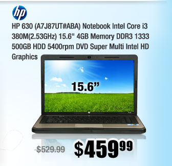 HP 630 (A7J87UT#ABA) Notebook Intel Core i3 380M(2.53GHz) 15.6" 4GB Memory DDR3 1333 500GB HDD 5400rpm DVD Super Multi Intel HD Graphics 