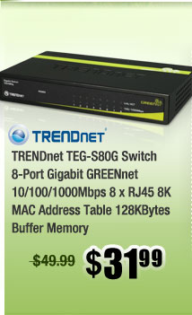 TRENDnet TEG-S80G Switch 8-Port Gigabit GREENnet 10/100/1000Mbps 8 x RJ45 8K MAC Address Table 128KBytes Buffer Memory 