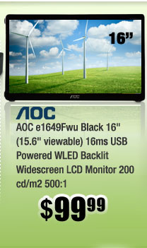 AOC e1649Fwu Black 16" (15.6" viewable) 16ms USB Powered WLED Backlit Widescreen LCD Monitor 200 cd/m2 500:1 