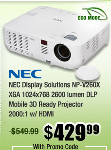 NEC Display Solutions NP-V260X XGA 1024x768 2600 lumen DLP Mobile 3D Ready Projector 2000:1 w/ HDMI 