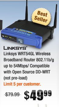 Linksys WRT54GL Wireless Broadband Router 802.11b/g up to 54Mbps/ Compatible with Open Source DD-WRT (not pre-load) 