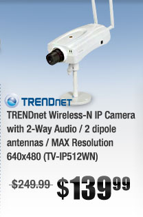 TRENDnet Wireless-N IP Camera with 2-Way Audio / 2 dipole antennas / MAX Resolution 640x480 (TV-IP512WN)