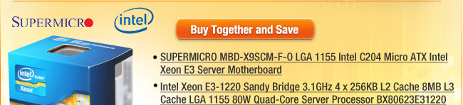 SUPERMICRO MBD-X9SCM-F-O LGA 1155 Intel C204 Micro ATX Intel Xeon E3 Server Motherboard + Intel Xeon E3-1220 Sandy Bridge 3.1GHz 4 x 256KB L2 Cache 8MB L3 Cache LGA 1155 80W Quad-Core Server Processor BX80623E31220 