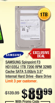 SAMSUNG Spinpoint F3 HD103SJ 1TB 7200 RPM 32MB Cache SATA 3.0Gb/s 3.5" Internal Hard Drive -Bare Drive 