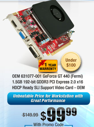 OEM 631077-001 GeForce GT 440 (Fermi) 1.5GB 192-bit GDDR3 PCI Express 2.0 x16 HDCP Ready SLI Support Video Card - OEM 