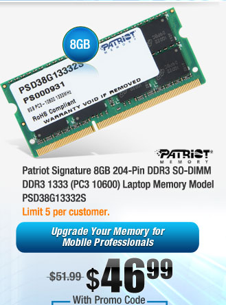 Patriot Signature 8GB 204-Pin DDR3 SO-DIMM DDR3 1333 (PC3 10600) Laptop Memory Model PSD38G13332S 