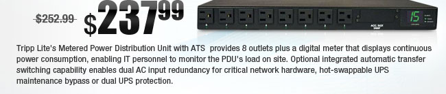 Tripp Lite PDUMH15AT Metered 120V 15A 12ft Power Distribution Unit with dual-input Auto Transfer Switching 