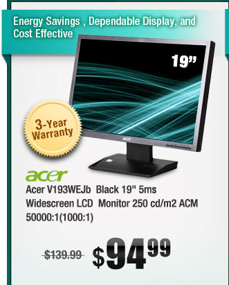 Acer V193WEJb Black 19" 5ms Widescreen LCD Monitor 250 cd/m2 ACM 50000:1(1000:1) 