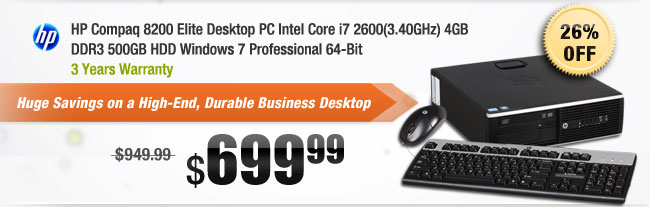 HP Compaq 8200 Elite Desktop PC Intel Core i7 2600(3.40GHz) 4GB DDR3 500GB HDD Windows 7 Professional 64-Bit