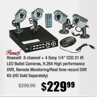 Rosewill  8 channel + 4 Sony 1/4" CCD 21 IR LED Bullet Cameras, H.264 High performance DVR, Remote Monitoring/Real time record DVR Kit (HD Sold Separately)