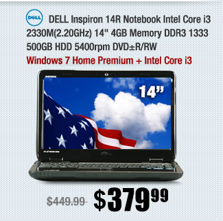 DELL Inspiron 14R Notebook Intel Core i3 2330M(2.20GHz) 14" 4GB Memory DDR3 1333 500GB HDD 5400rpm DVD±R/RW