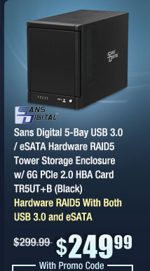 Sans Digital 5-Bay USB 3.0 / eSATA Hardware RAID5 Tower Storage Enclosure w/ 6G PCIe 2.0 HBA Card TR5UT+B (Black) 