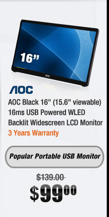 AOC Black 16" (15.6" viewable) 16ms USB Powered WLED Backlit Widescreen LCD Monitor