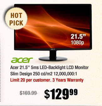 Acer 21.5'' 5ms LED-Backlight LCD Monitor Slim Design 250 cd/m2 12,000,000:1 