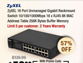 ZyXEL 16 Port Unmanaged Gigabit Rackmount Switch 10/100/1000Mbps 16 x RJ45 8K MAC Address Table 256K Bytes Buffer Memory 